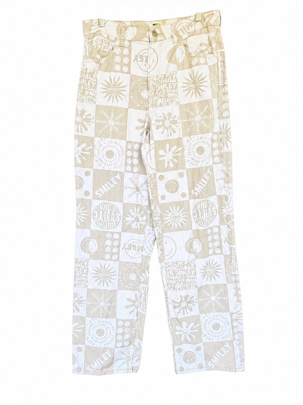 Smiley x H&M Cream and Tan Graphic Checkerboard Jeans All-Over Print Graffiti